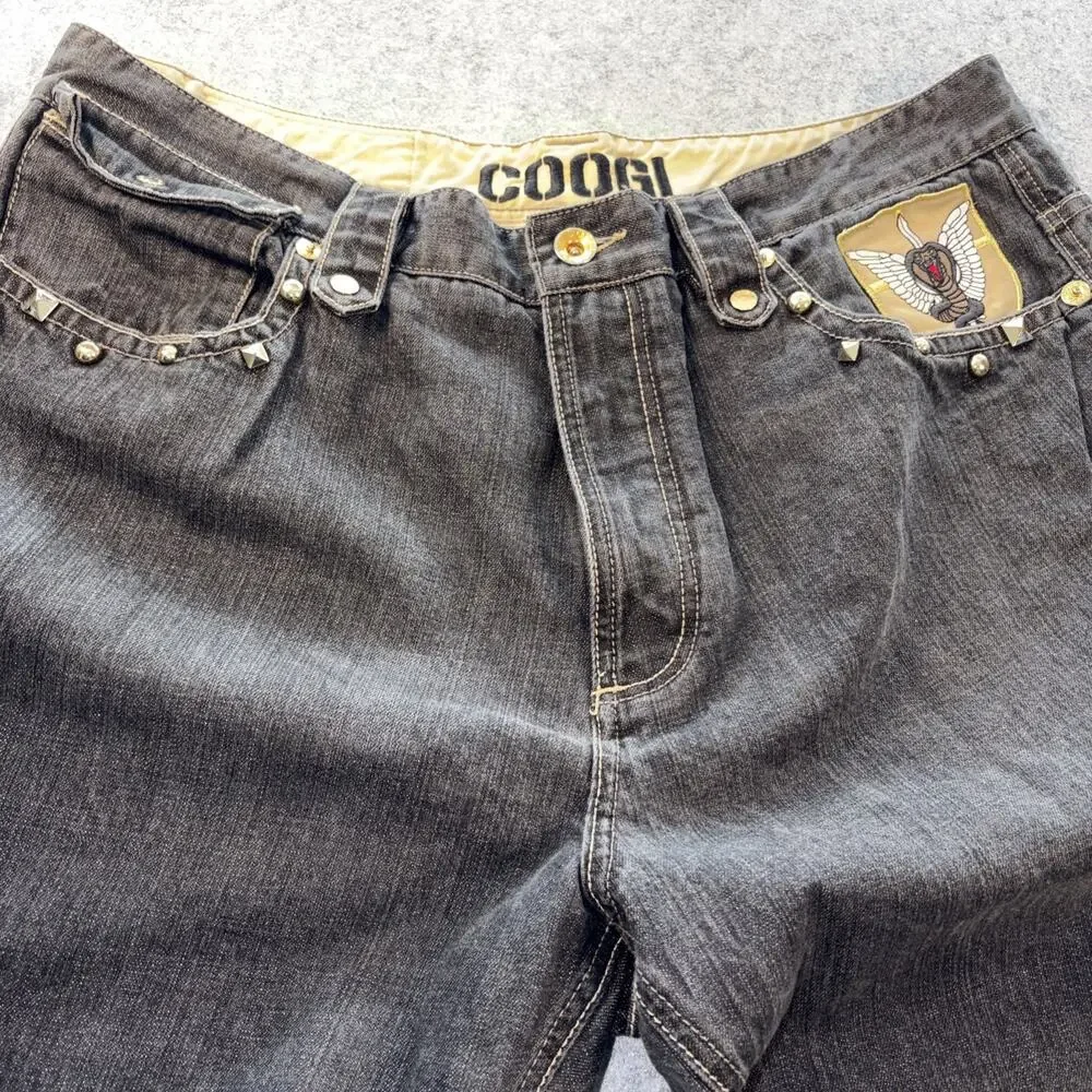 Coogi Jeans Mens 42x35 Black Denim Gold Studded Flap Pockets Patch Embroidered